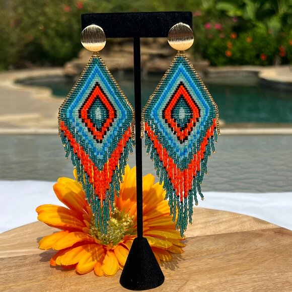 Handmade Beaded Long Sexy Fringe Dangle Drop Lightweight Tassel Post Earrings - Picture 7 of 8